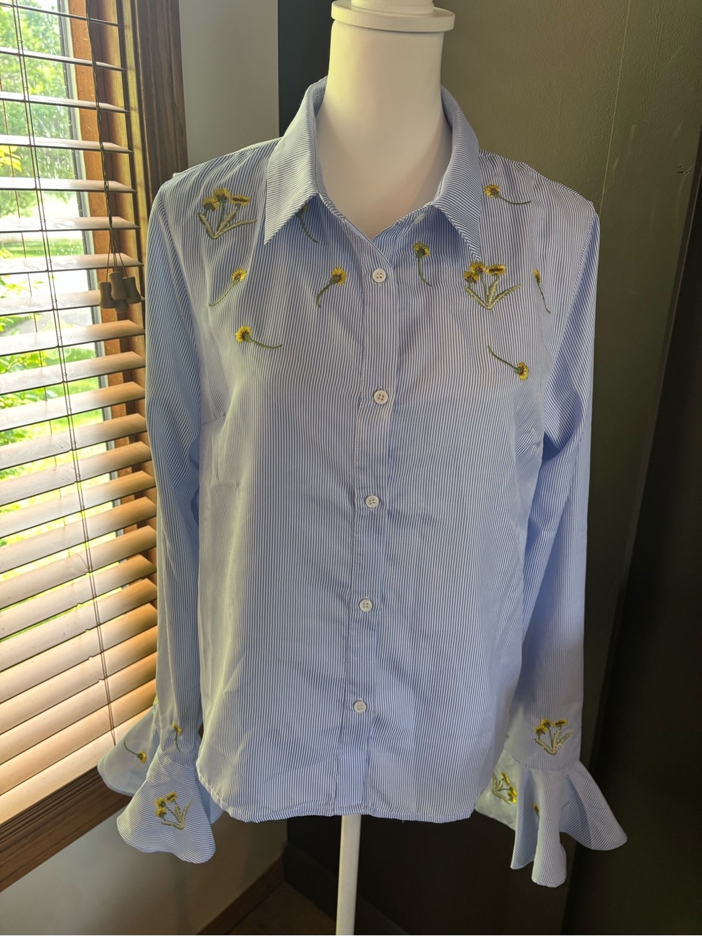 English Factory Blue Stripe Embroidered Floral Bell Sleeve Button Up Top L